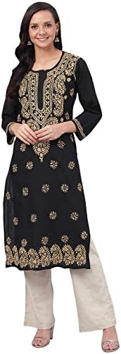 Ada Indian Handicraft Chikankari Womens Straight Cotton Kurti Kurta Tunic A188048 Black