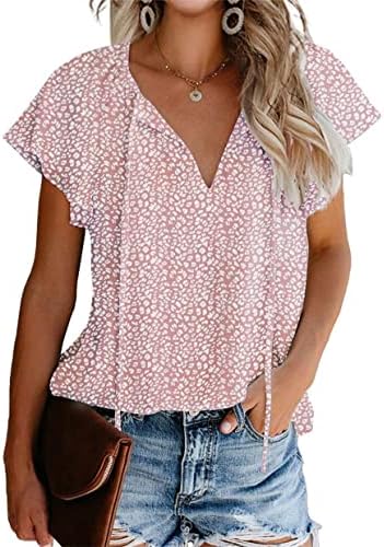 BIOHANBLE Womens Summer Cute Floral Ruffle Short Sleeve and Long Sleeve V Neck Casual Boho Loose Ladies Tops Shirts Blouses