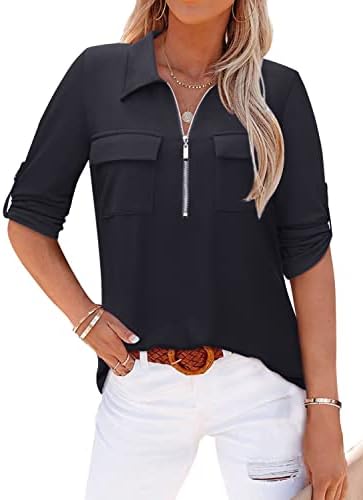 Bulotus Women's 3/4 Sleeve Collared Blouses Business Casual Zip Front V Neck Loose Fit Tunic Tops
