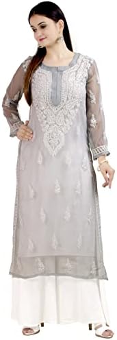 Chandrakala Women's Hand Embroidered Lucknow Chikankari Faux Georgettte Semi Transparent IndianTunic Top Kurti Kurta (K161)
