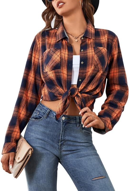 Damipow Lightweight Flannel Shirt Women Long Sleeve Fall Blouse Ladies Casual Top Cute Clothes