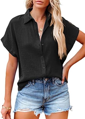 Dokotoo Casual V Neck Button Down Shirts for Women Solid Short Sleeve Blouse Tops