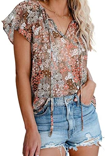 Dokotoo Women's Casual Boho Floral Printed V Neck Tops Drawstring Short Long Sleeve T Shirt Blouses