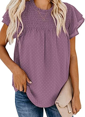 Dokotoo Womens Crewneck Lace Crochet Pom Pom Flowy Short Sleeve Casual Shirts Blouses Tops