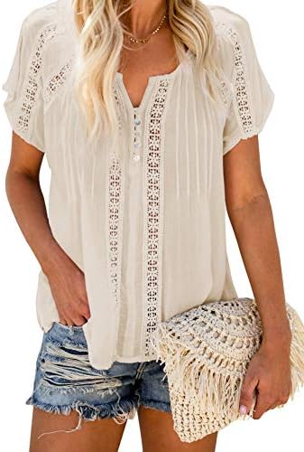 Dokotoo Women's V Neck Lace Crochet Eyelet Tops Short Sleeve Casual Shirts Blouses