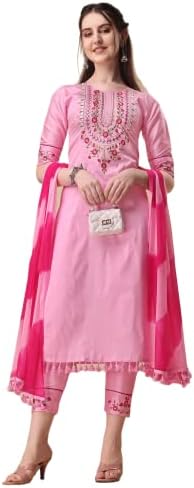 FamLady Embroidered Kurti Set with Pant and Dupatta Indian Art Silk Kurtis for Women