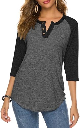 HOCOSIT Women's Raglan Round Neck Summer Tops Ladies Basic Button Henley Shirt Boyfriend Style Blouse
