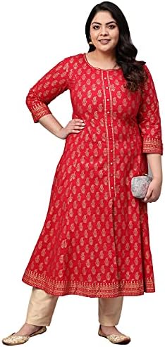 Indian Tunic Cotton Gold Print Anarkali Kurtis for Women (Red)