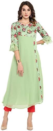 Janasya Indian Women's Light Green Poly Crepe Kurta