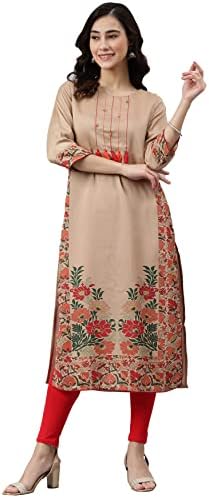 Janasya Women's Brown Floral Printed Tunic Tops/Kurti With Tassels