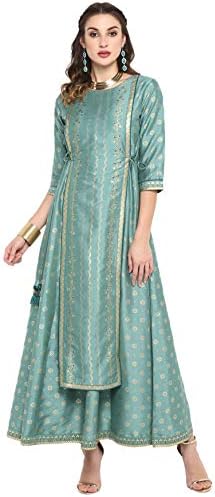 Janasya Women's Light Green Printed Poly Silk Ethnic Dress