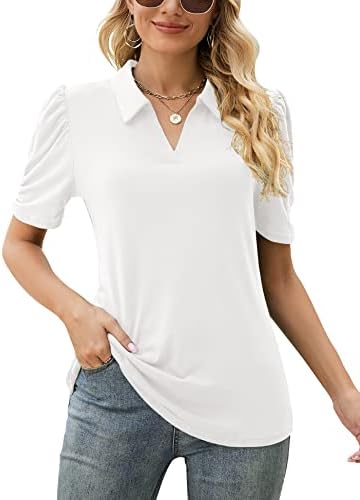 LOMON Women's Short Sleeve Polo Shirts V Neck Casual Collared Tops Work Tunic Blouses