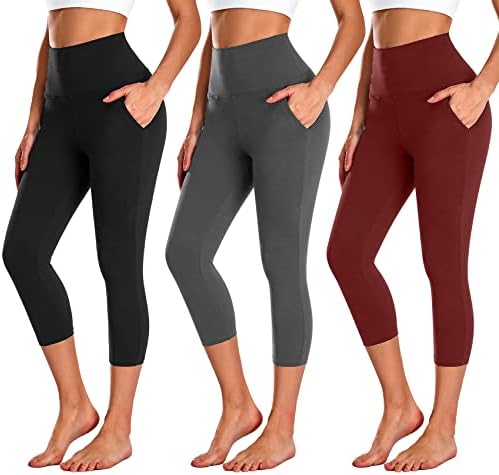 NEW YOUNG 3 Pack Capri Leggings for Women with Pockets-High Waisted Tummy Control Black Workout Gym Yoga Pants