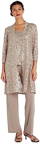 R&M Richards Women's Tank Top and Pant Set with Sheer Lace Jacket