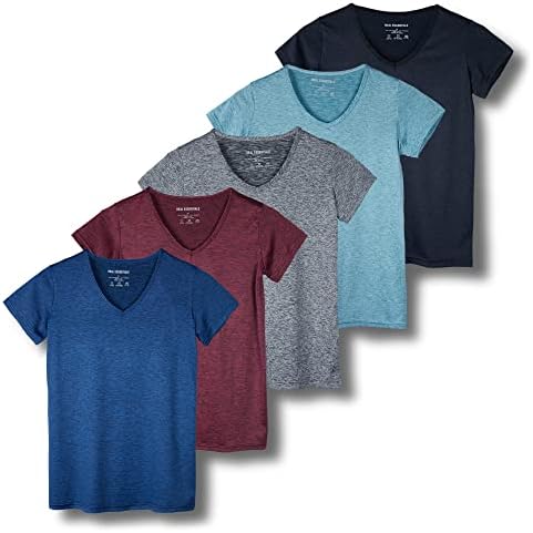 Real Essentials 5 Pack: Women's Short Sleeve V-Neck Activewear T-Shirt Dry-Fit Wicking Yoga Top (Available in Plus)