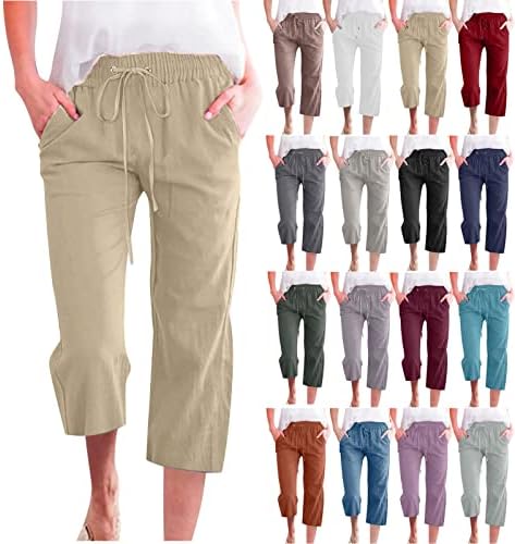 SMIDOW Capri Pants for Women Casual 2023 Summer Drawstring Elastic High Waist Linen Pant Straight Wide Leg Cropped Trouser