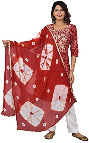 Vrnda Women's Cotton Straight Bandhej Printed Kurta Yoke Embroidery Red Kurti with White Pant and Dupatta Set