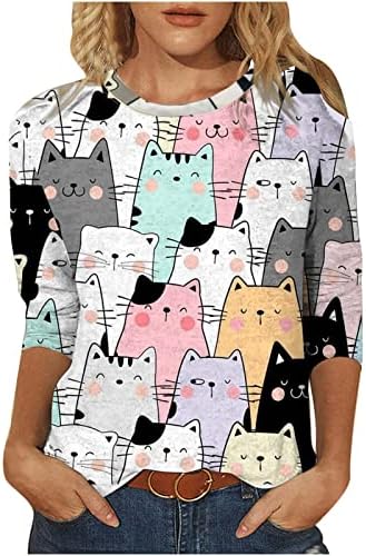 Womens 3/4 Sleeve T-Shirt Tops Fashion Cute Cats Print Blouses Funny Graphic Crewneck Tees Shirt Comfy Loose Casual T Shirts