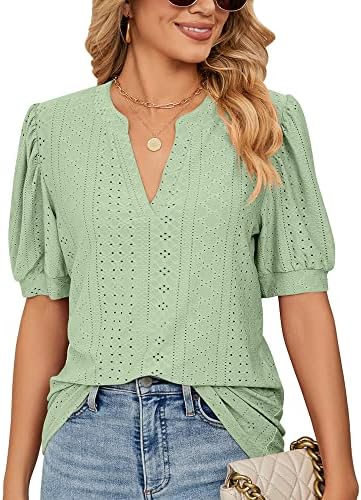 Womens Summer Puff Short Sleeve V Neck T-Shirts Eyelet Casual Lace Dressy Tops Tunic Blouses 2023