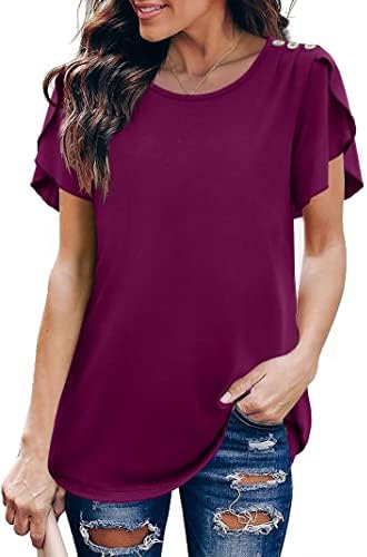 Womens Summer Tops 2023 Casual Puff Sleeve Shirts Crew Neck Button Down Trendy Fashion Clothes Ladies Tunics