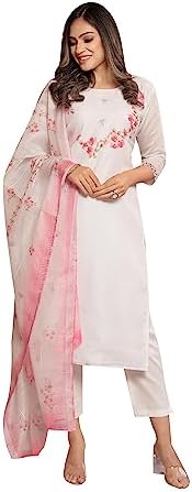 ladyline White Beauty Silk Print Handworked Salwar Kameez Suit