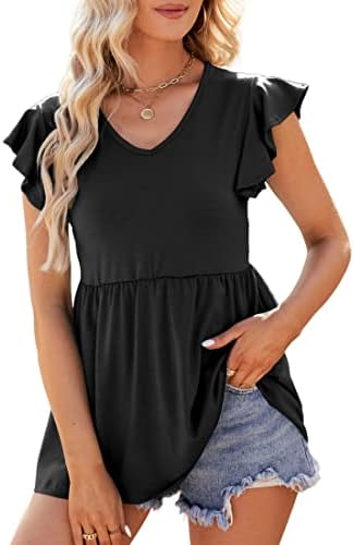 AGSEEM Womens Summer Tops Babydoll Short Ruffle Sleeve V Neck T-Shirts Casual Loose Fit