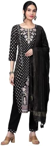 Bani Women Rayon Straight Kurta Pant Dupatta Suit Set, 3/4 Sleeves, Embroidered Round Neck Indian Kurti Set for Girls