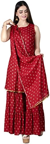 Chandrakala Women Maroon & Gold Printed Kurti with Sharara & Dupatta (K230-P)