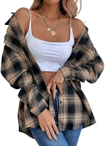 Deer Lady Plaid Flannel Shirts for Women Buffalo Plaid Shirts Oversized Long Sleeve Casual Button Down Blouse Top