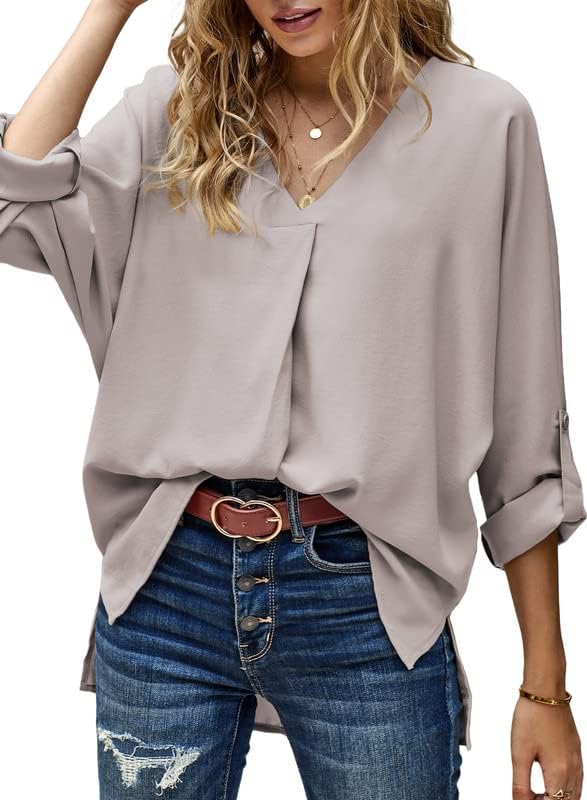 Dokotoo 2023 Womens Summer 3 4 Bell Sleeve/Short Sleeve V Neck Chiffon Tops Casual Solid Tops and Blouses Loose Shirts S-XXL