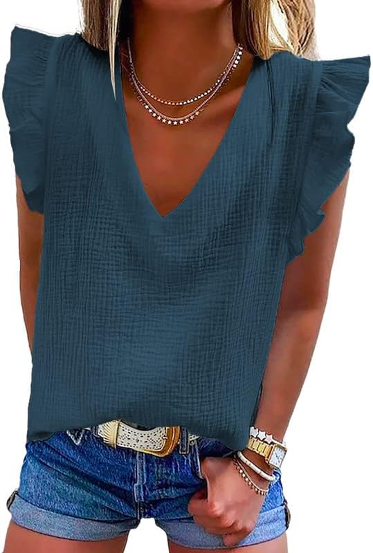 Dokotoo Womens 2023 Cute V Neck Ruffle Sleeveless Shirts Elegant Tank Tops Blouses