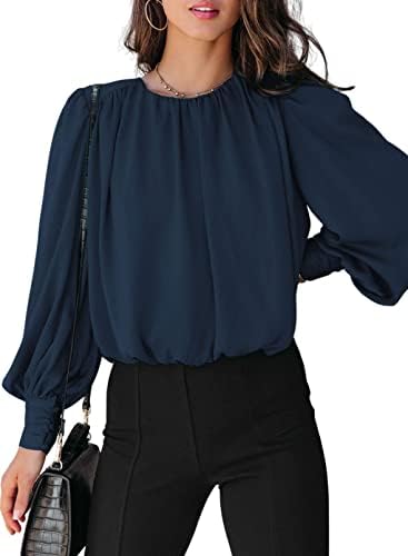 Dokotoo Women's Summer Casual Solid Color Crew Neck Long Sleeve Blouses Shirts 2023 Trendy Work Business Bohemian Tops