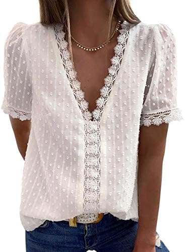 Dokotoo Women's V Neck Lace Crochet Tunic Tops Flowy Casual Blouses Shirts