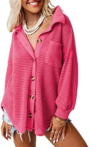 Dokotoo Womens Waffle Knit Shacket Jacket Casual Long Sleeve Button Down Shirts Dressy Blouses Tops