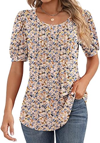 Ficerd Women's Puff Short Sleeve Tunic Tops Pleated Crew Neck Blouses Dressy Casual Loose Spring and Summer T-Shirts