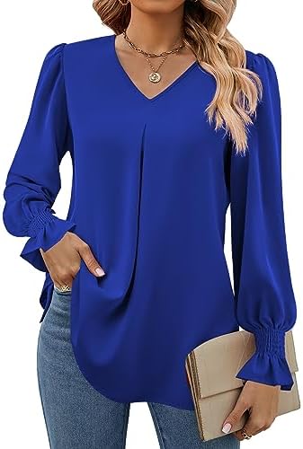 Funlingo Women's 2023 Long Sleeve Tops Dressy Casual V Neck Tunic Shirts Loose Chiffon Work Blouse