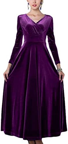 GOTOTOP Women's V Neck Velvet Maxi Dress Elegant Long Sleeves Tunic High Waist Cocktail Dress Evening Gown