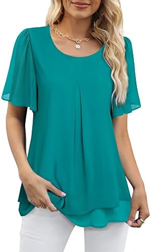 Gaharu Women's Ruffle Short Sleeve Blouses Double-Layered Shirt Work Tunic Tops