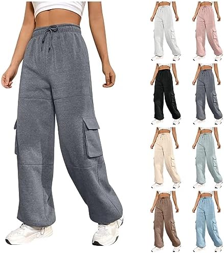 INGWHW Women's Fall Pants 2023 Basic Multi Pocket Strap Elastic Waist Sports Straight Guard Pants, S-2XL