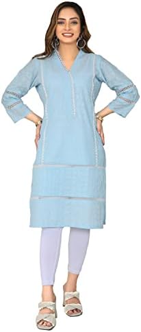 IshDeena Indian Kurtis for Women Indian Pakistani Style Cotton Long Kurta Kameez Lace Designs Tunics Tops for Jeans Leggings