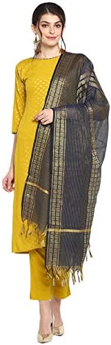 Janasya Indian Women's Mustard Poly Crepe Kurta With Pant And Dupatta