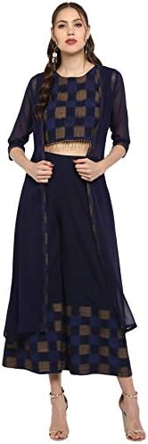 Janasya Indian Women's Navy Blue Crepe Top with Palazzo and Shrug