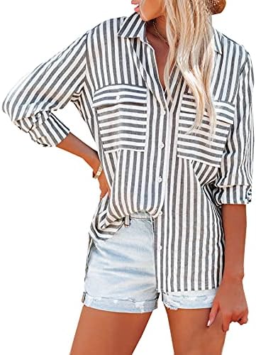 OMSJ Women's Striped Button Down Shirts Casual Long Sleeve Stylish V Neck Blouses Tops with Pockets