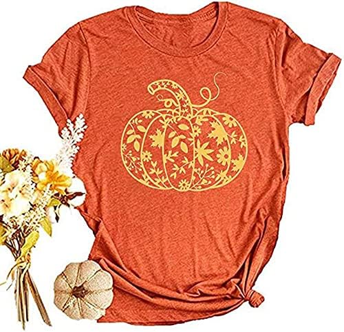 OMTYE Women's Fall Pumpkin T-Shirts Casual Short Sleeve Halloween Graphic Tees Tops