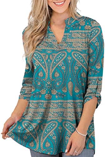 Othyroce Womens Floral Printed Tunic Tops 3/4 Roll Sleeve V Neck Blouses Long Sleeve Shirts for Women