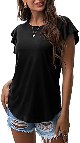 PrinStory Summer Tops Knit Shirts Casual Ruffle Short Sleeve Top Round Neck Tunic Tank Tops Tee Blouse For Women