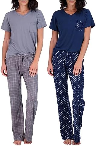 Real Essentials 2 Pack: Women’s Pajama Set Super-Soft Short & Long Sleeve Top With Pants (Available In Plus Size)