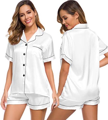 SWOMOG Womens Silk Satin Pajamas Set Two-piece Pj Sets Sleepwear Loungewear Button-Down Pj Sets