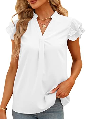 Sucolan Womens Summer Tops Notch V Neck Cute Ruffle Sleeve Blouse Business Dressy Casual Shirts