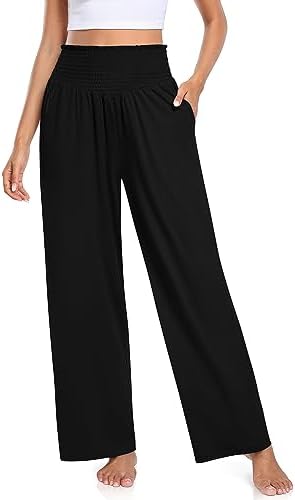 TARSE Women Wide Leg Yoga Pants Smocked Ruffle High Waisted Comfy Lounge Pajama Pants Casual Loose Sweatpants with Pockets